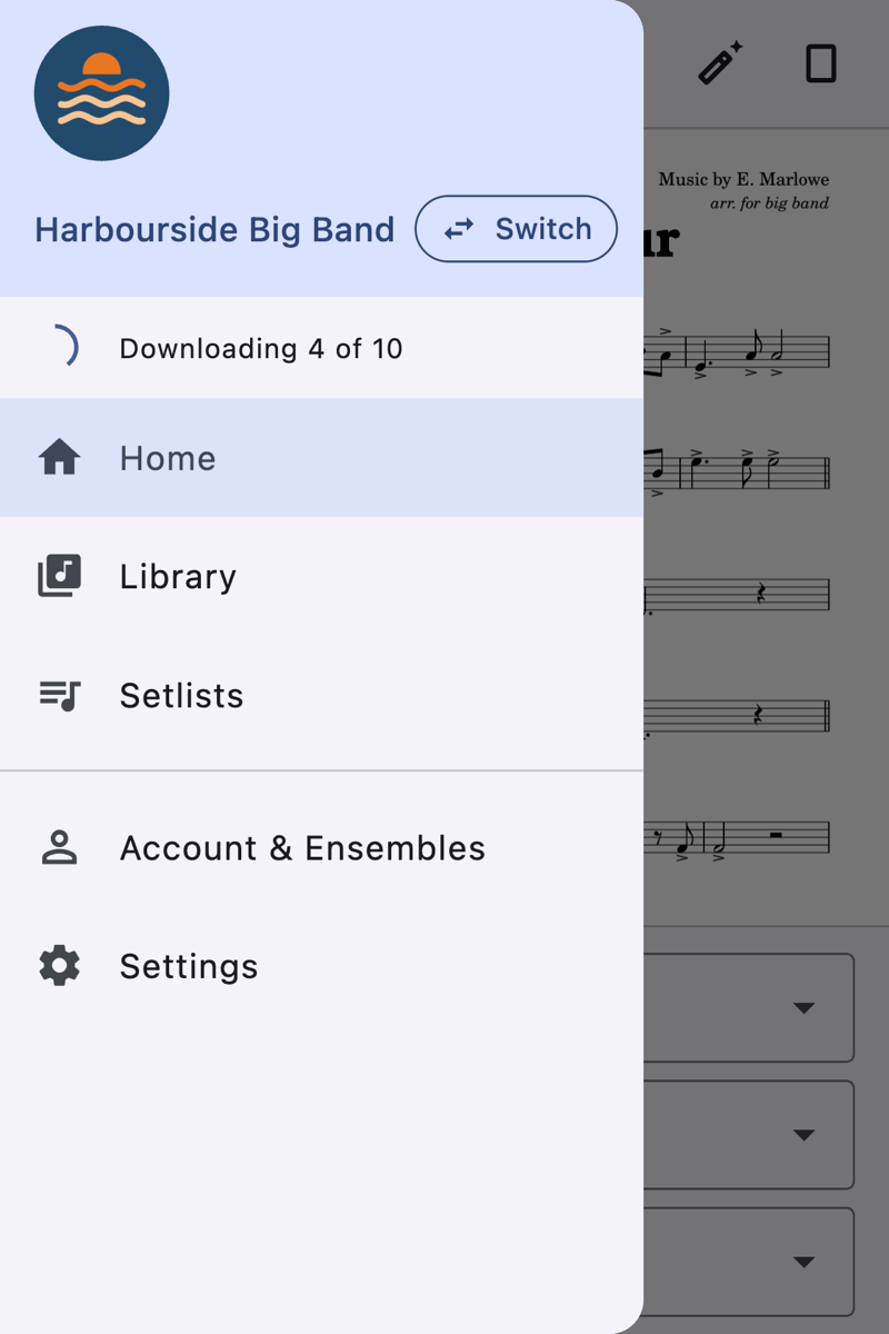 Side menu showing a band sync downloading new charts